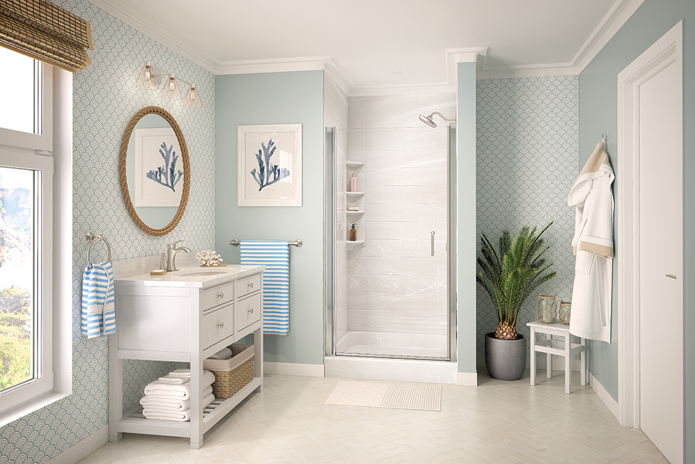 White marble alcove shower 